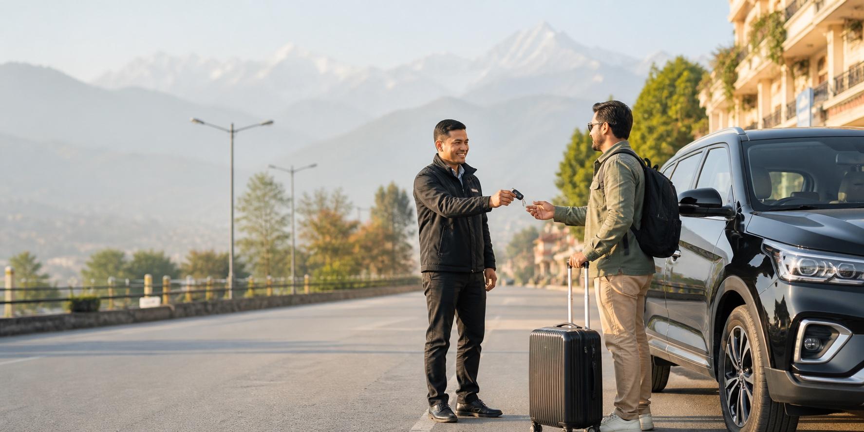 Driver handing keys to a traveler beside a rental SUV in Nepal