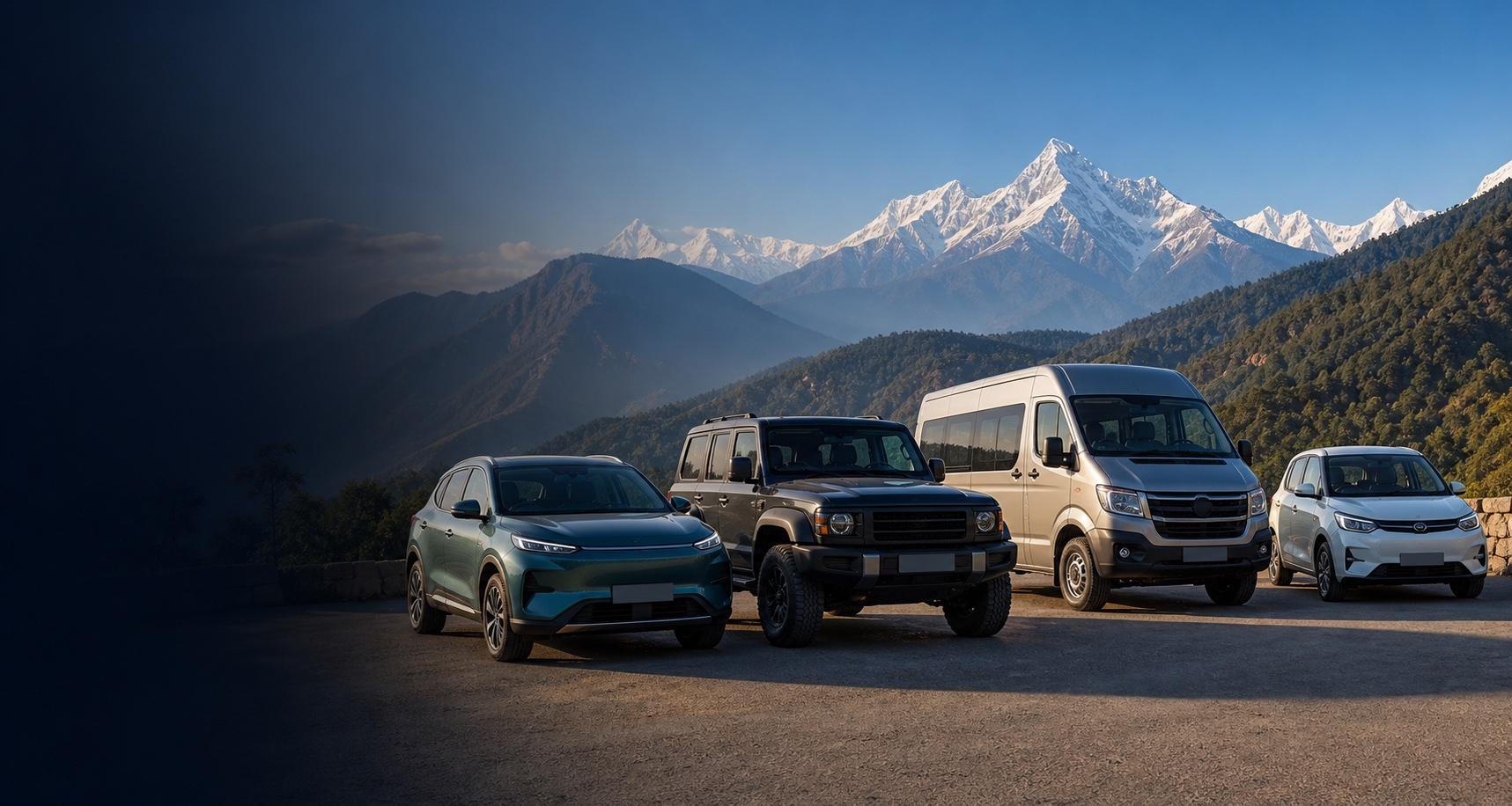 Electric SUV, 4x4 jeep, van and compact car lined up on a Nepal mountain road