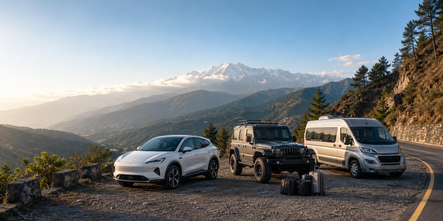 EV, 4x4 jeep and van package options on a Nepal mountain road
